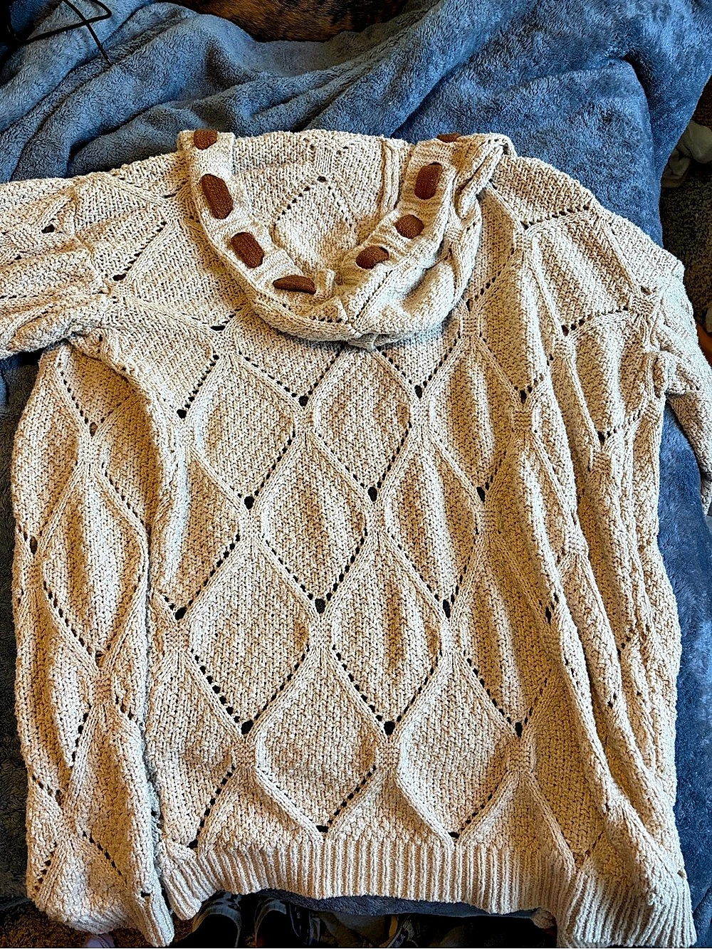 Geometric Knit Hooded Cardigan in Cream & Brown